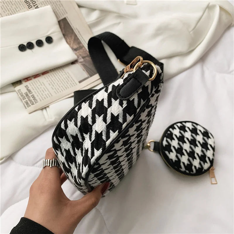 Vintage Plaid Underarm Crossbody Bag with Round Purse Pendant