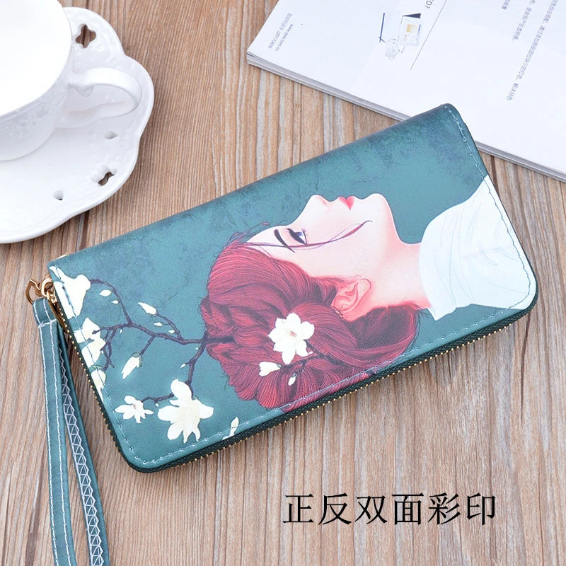 Female Wallet PU Leather Character Print Long Purse Zipper Cellphone Bag