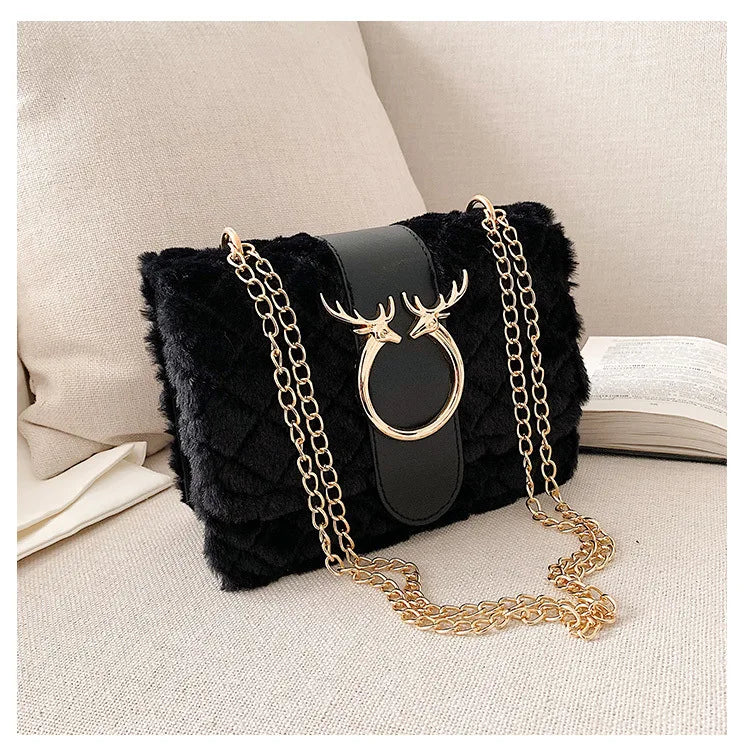 Winter Plush Fur Handbag Deer Lock Chain Shoulder Bag