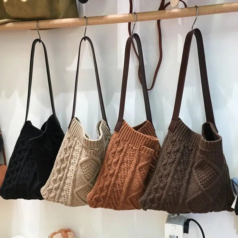 Female Woolen Knitted Braid Handbag Winter Retro Over Shoulder Bag