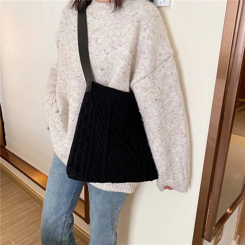Female Woolen Knitted Braid Handbag Winter Retro Over Shoulder Bag