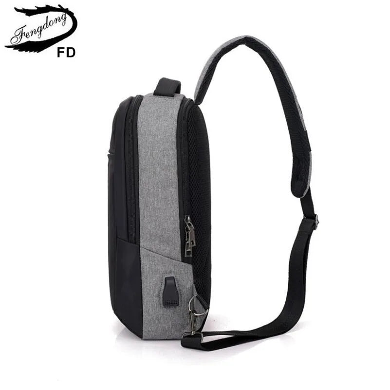 Reflective Strip Sling Chest Bag USB Waterproof Messenger Bag