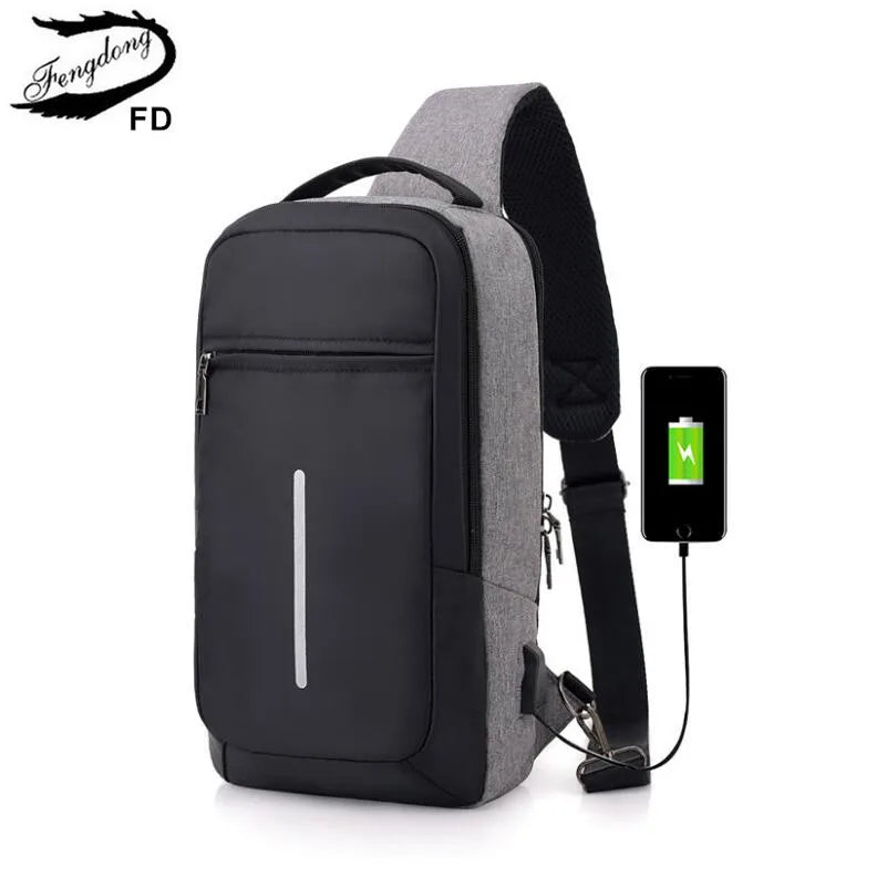 Reflective Strip Sling Chest Bag USB Waterproof Messenger Bag