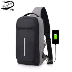 Reflective Strip Sling Chest Bag USB Waterproof Messenger Bag