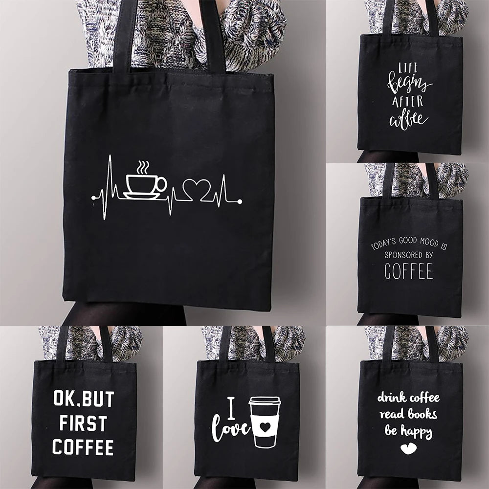 Coffee Print Canvas Shopping Tote Bag Mom Life Women Cotton Book Bags