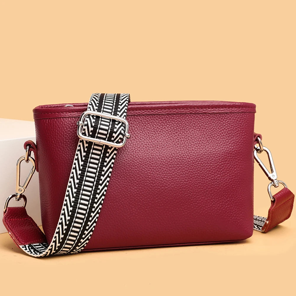 1st Layer Cowhide Female Messenger Bag with Wide Strap