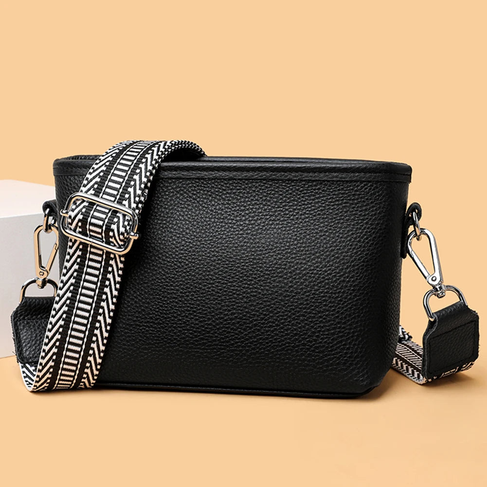 1st Layer Cowhide Female Messenger Bag with Wide Strap