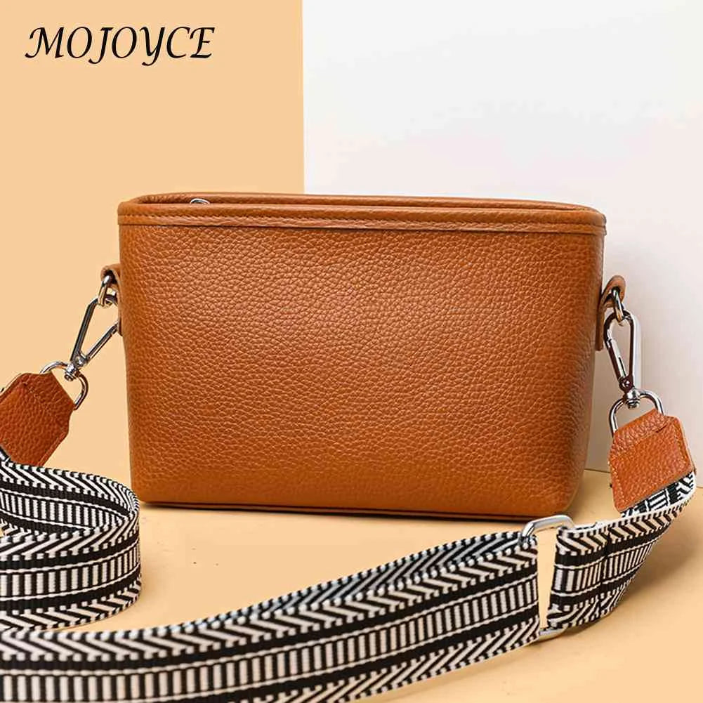 First Layer Cowhide Female Messenger Bag Wide Fabric Strap Women Handbags