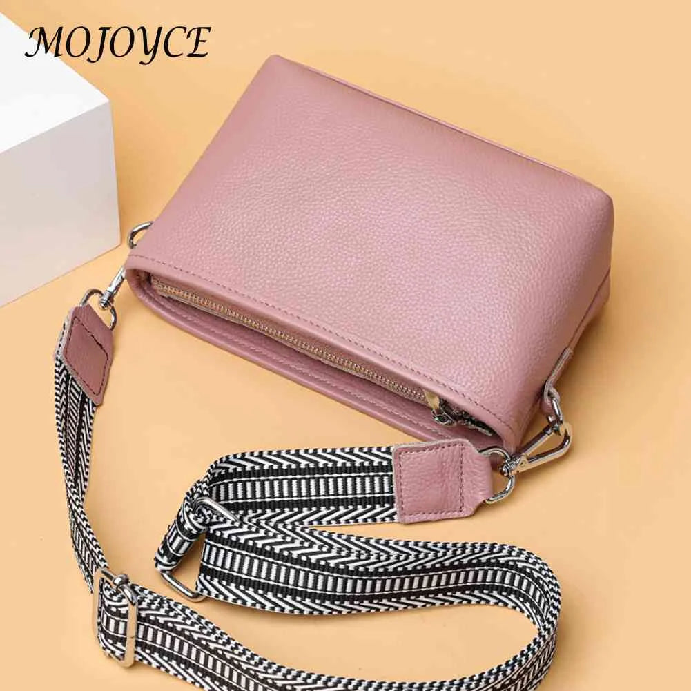 First Layer Cowhide Female Messenger Bag Wide Fabric Strap Women Handbags