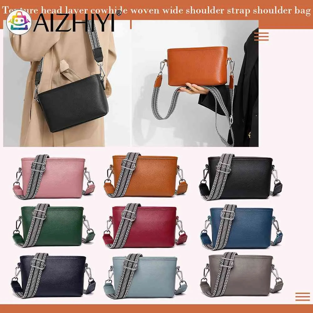 Cowhide Messenger Bag Wide Strap Casual Handbag for Weekend Vacation