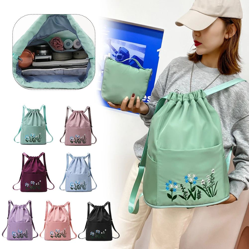Vintage Flower Print Gym Sack Drawstring Bag Water Resistant Large Capacity