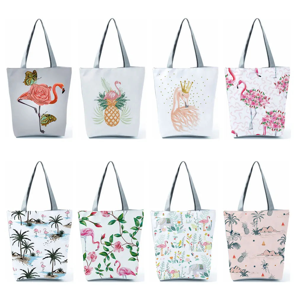Flamingo Women's Tote Bag Reusable Grocery Foldable Shoulder Bag Eco Shopping