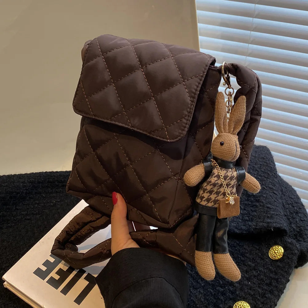 Soft Flap Shoulder Bag with Rabbit Toys Rhombic Lattice Small Underarm Bag