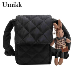Rhombic Lattice Crossbody Bag with Rabbit Toy, Casual Cotton Soft Bag