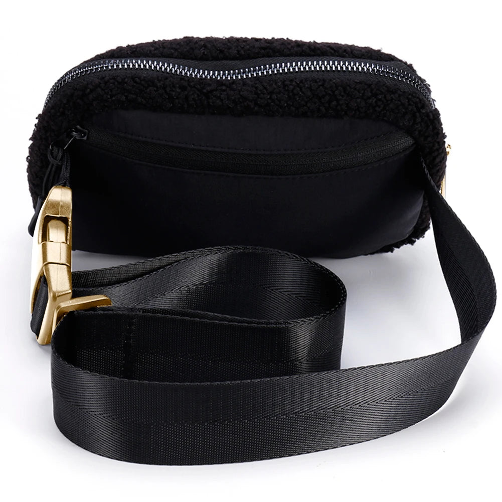Plush Crossbody Bag with Zipper Pocket Solid Color