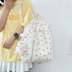 Floral Backpack Nylon Female Preppy Style Capacity Schoolbag with Pendant