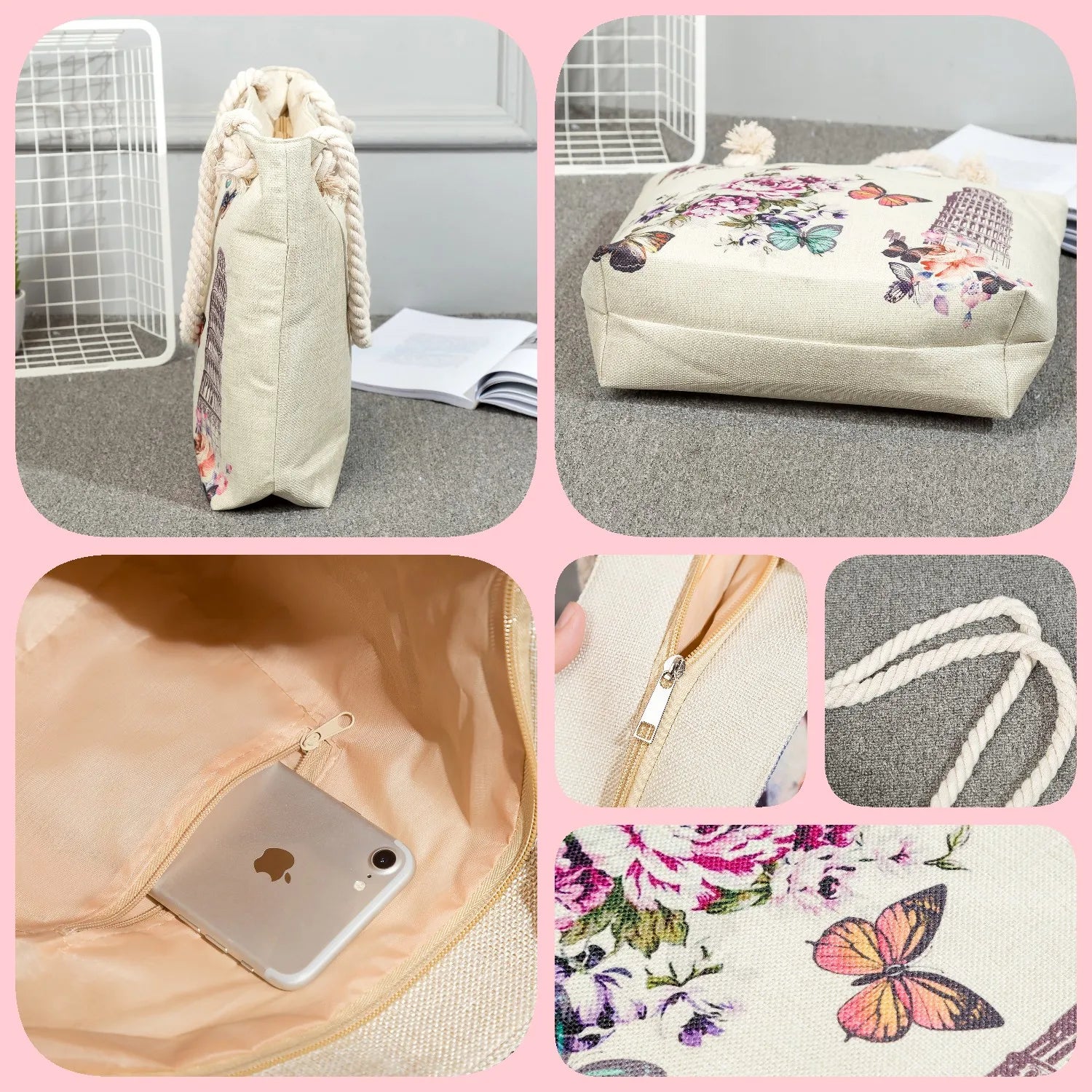 Floral Butterfly Tote Bags Animal Shopping Bags High Capacity Printing Handbags