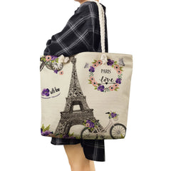 Floral Eiffel Tower Print Handbag High Capacity Storage Shopping Bag