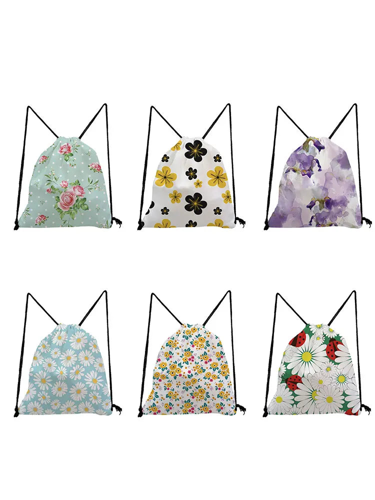 Floral Painting Printed Drawstring Backpack