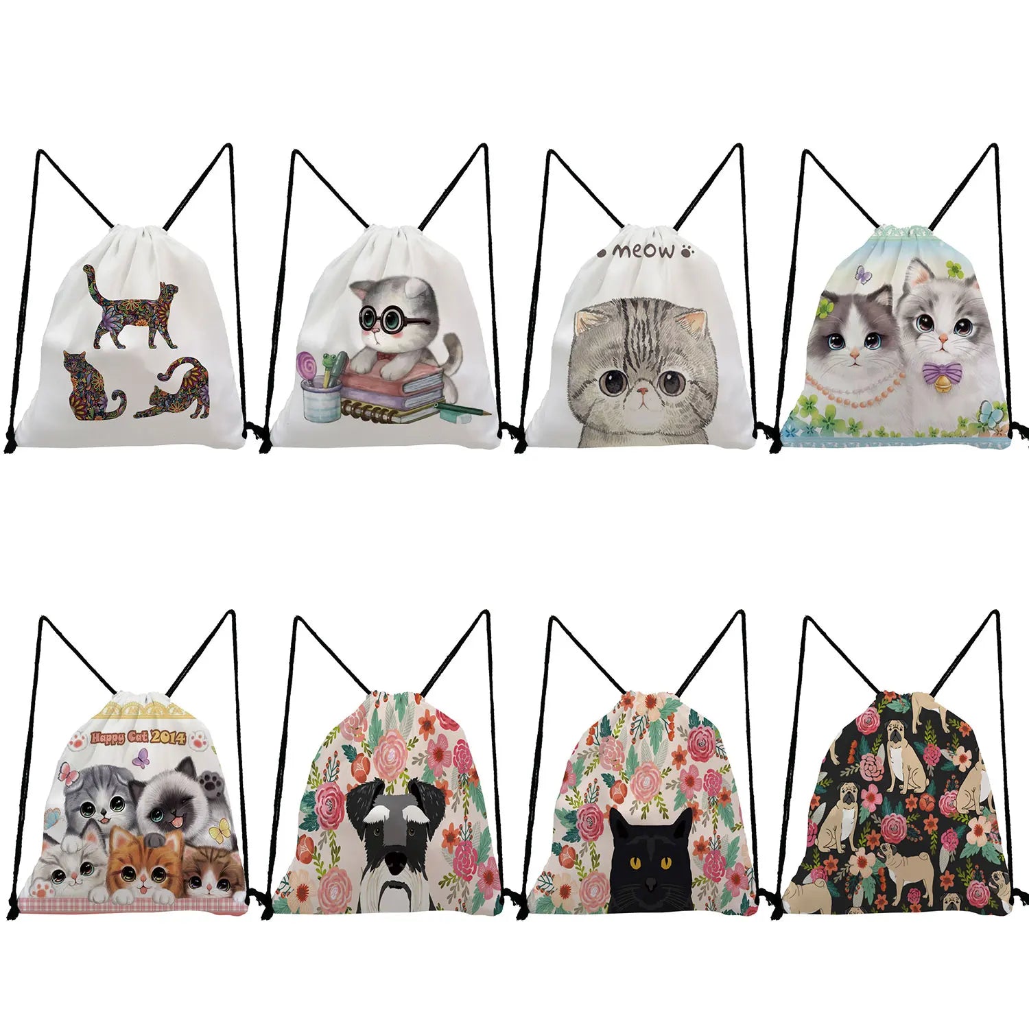 Floral Dog Cat Print Drawstring Pocket Foldable Backpack