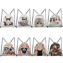 Floral Dog Cat Print Drawstring Pocket Foldable Backpack