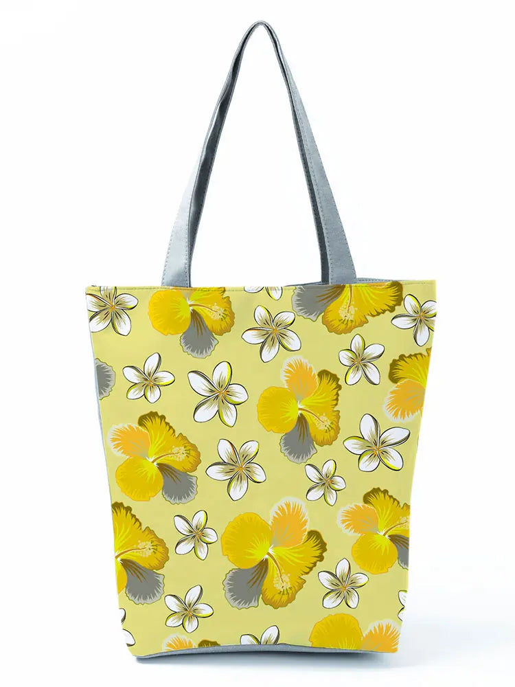 Floral Printed Handbag High Capacity Eco Reusable Yellow Shopping Bag