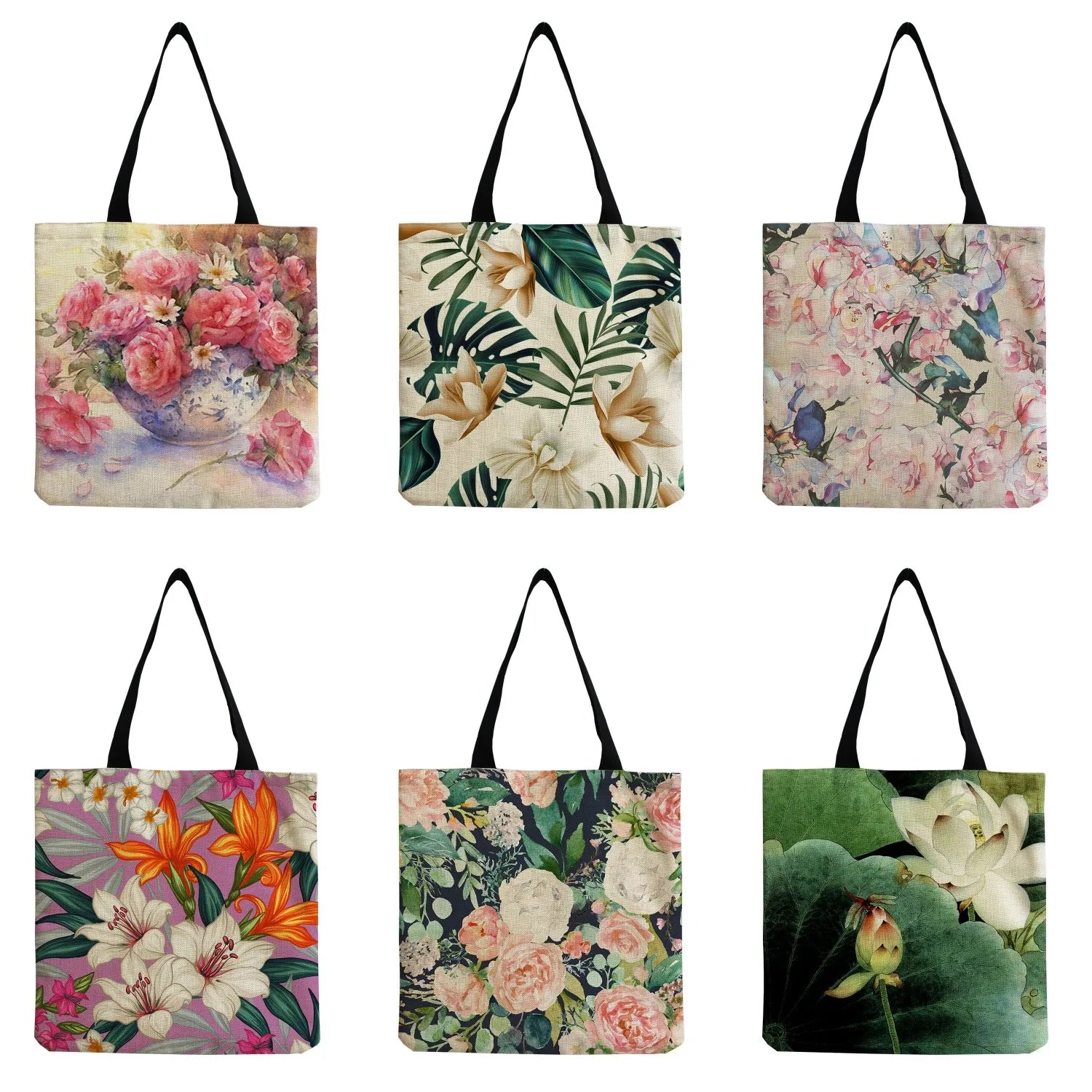 Floral Printed Tote Bag Reusable Eco Shoulder Bag Retro Women Handbag