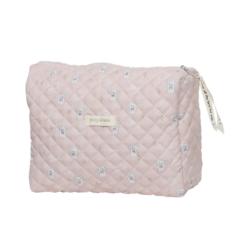 Floral Quilted Makeup Bag Cotton Zipper Beauty Pouch
