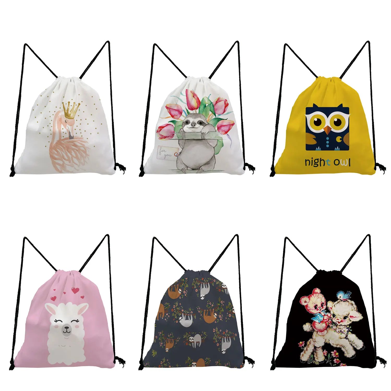 Floral Sloth Printed Backpack Animal Drawstring Bag Travel Bag