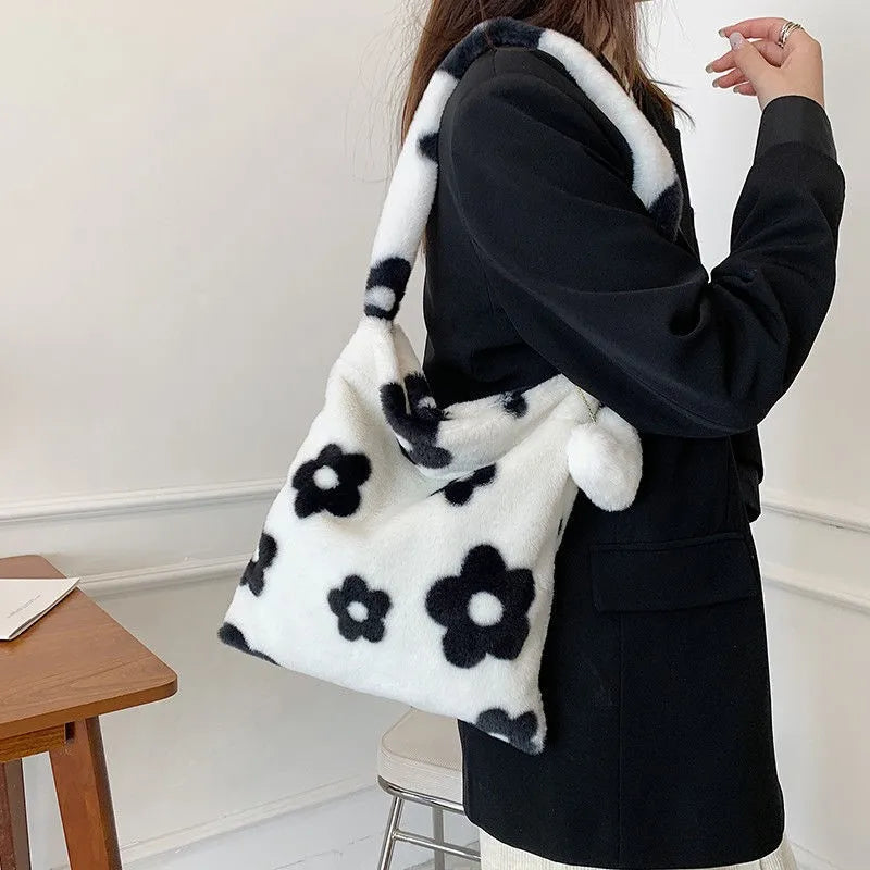 Plush Flower Shoulder Bag Women Handbag Soft Warm Girls Shopping Bag