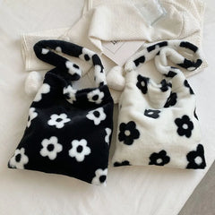 Plush Flower Shoulder Bag Women Handbag Soft Warm Girls Shopping Bag