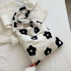 Plush Flower Shoulder Bag Women Handbag Soft Warm Girls Shopping Bag