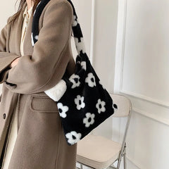 Plush Flower Shoulder Bag Women Handbag Soft Warm Girls Shopping Bag