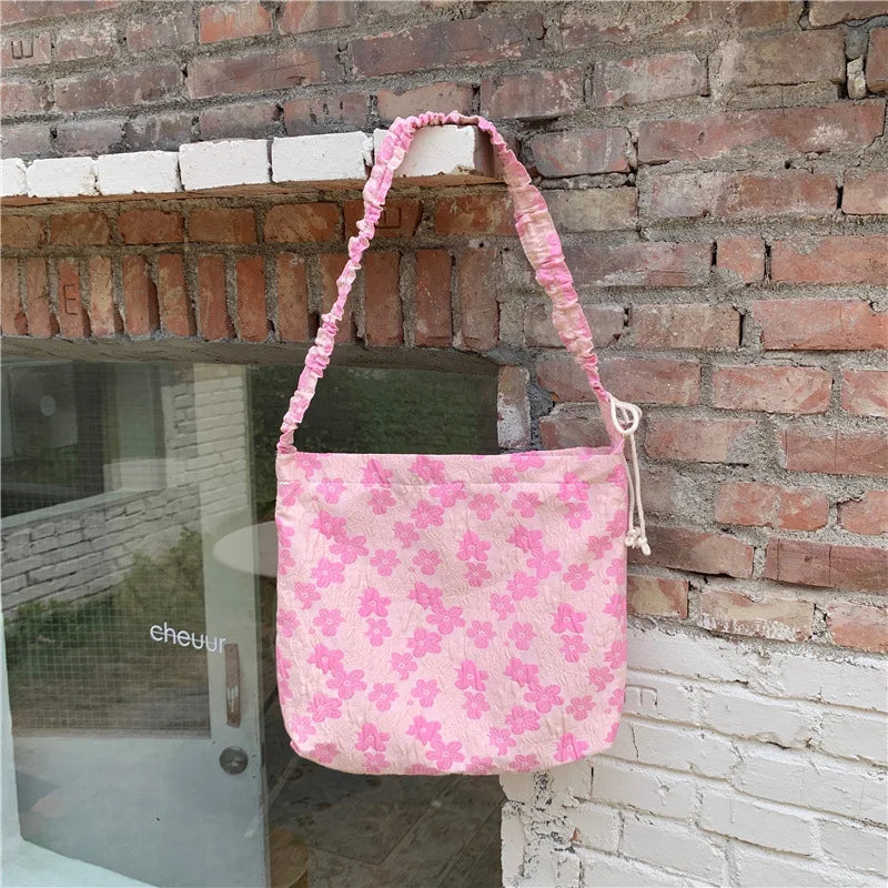 Flower Canvas Shoulder Bag for Women Large Capacity Pleated Shoulder Handbag Sho