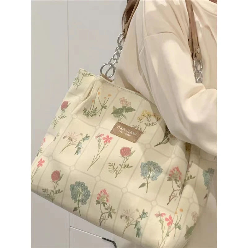 Flower Pattern Canvas Shoulder Bag Large Capacity Female Tote Handbag