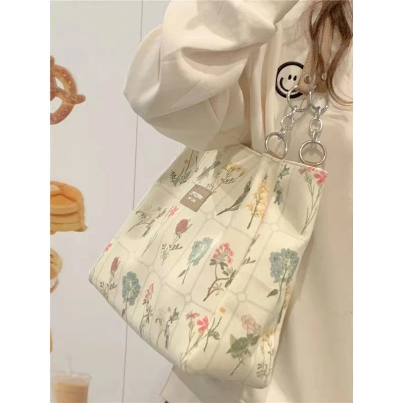 Flower Pattern Canvas Shoulder Bag Large Capacity Female Tote Handbag