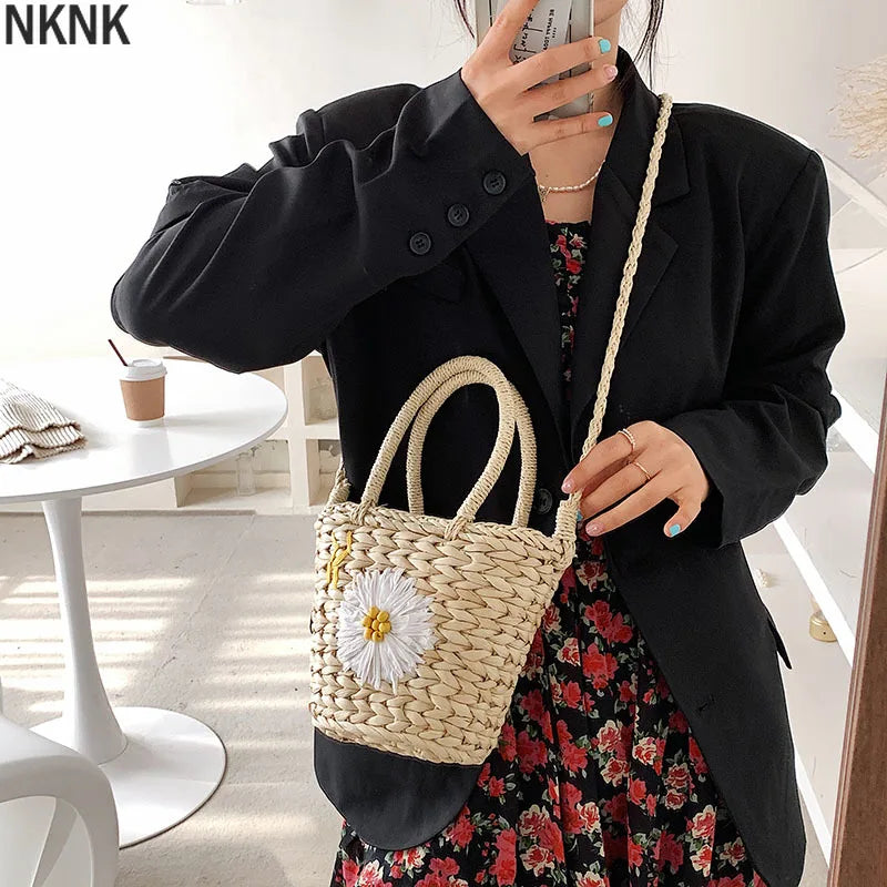 Flower Pattern Straw Crossbody Bag Women's Summer Handbag