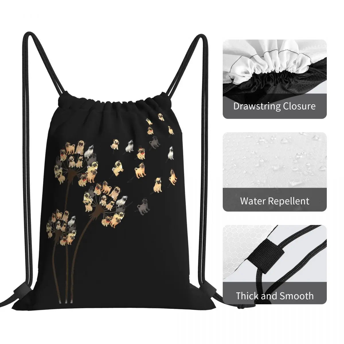 Flower Pug Dog Dandelion Drawstring Bags Gym Bag School