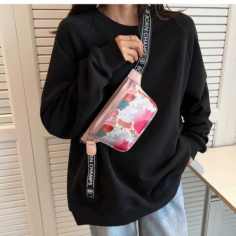 Flower Pattern Waist Bags Leather Fanny Pack Female Belt Bag