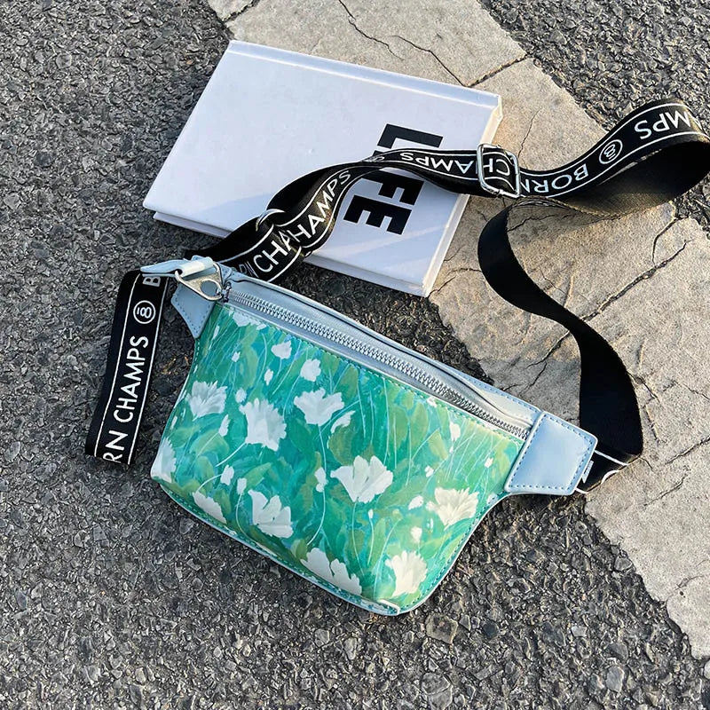 Flower Pattern Waist Bags Leather Fanny Pack Female Belt Bag