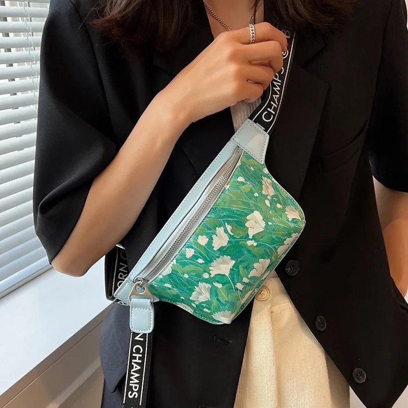 Flower Pattern Waist Bags Leather Fanny Pack Female Belt Bag