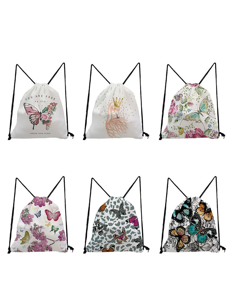 Flowers Butterfly Drawstring Backpack Sports Gym Bag Women Men