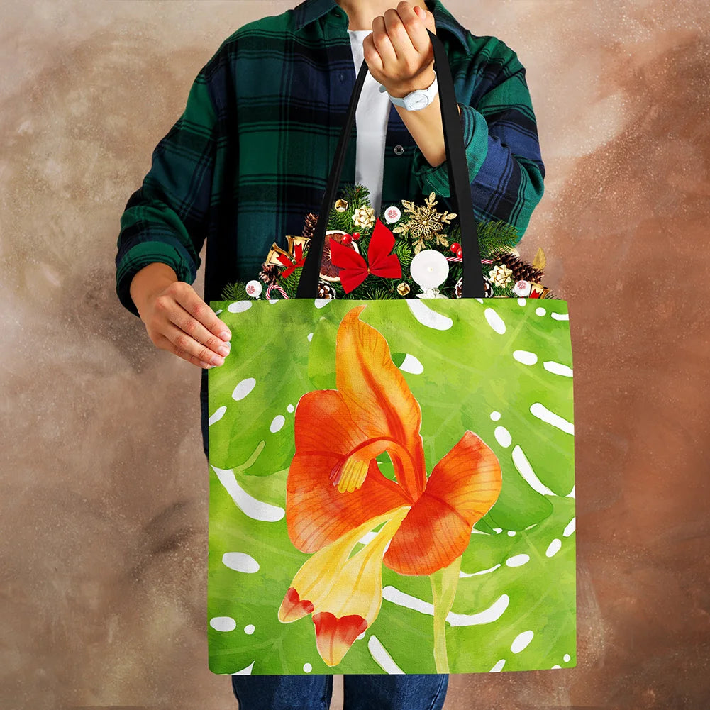 Flowers Canvas Shoulder Bag Large Capacity Reusable Casual Handbag
