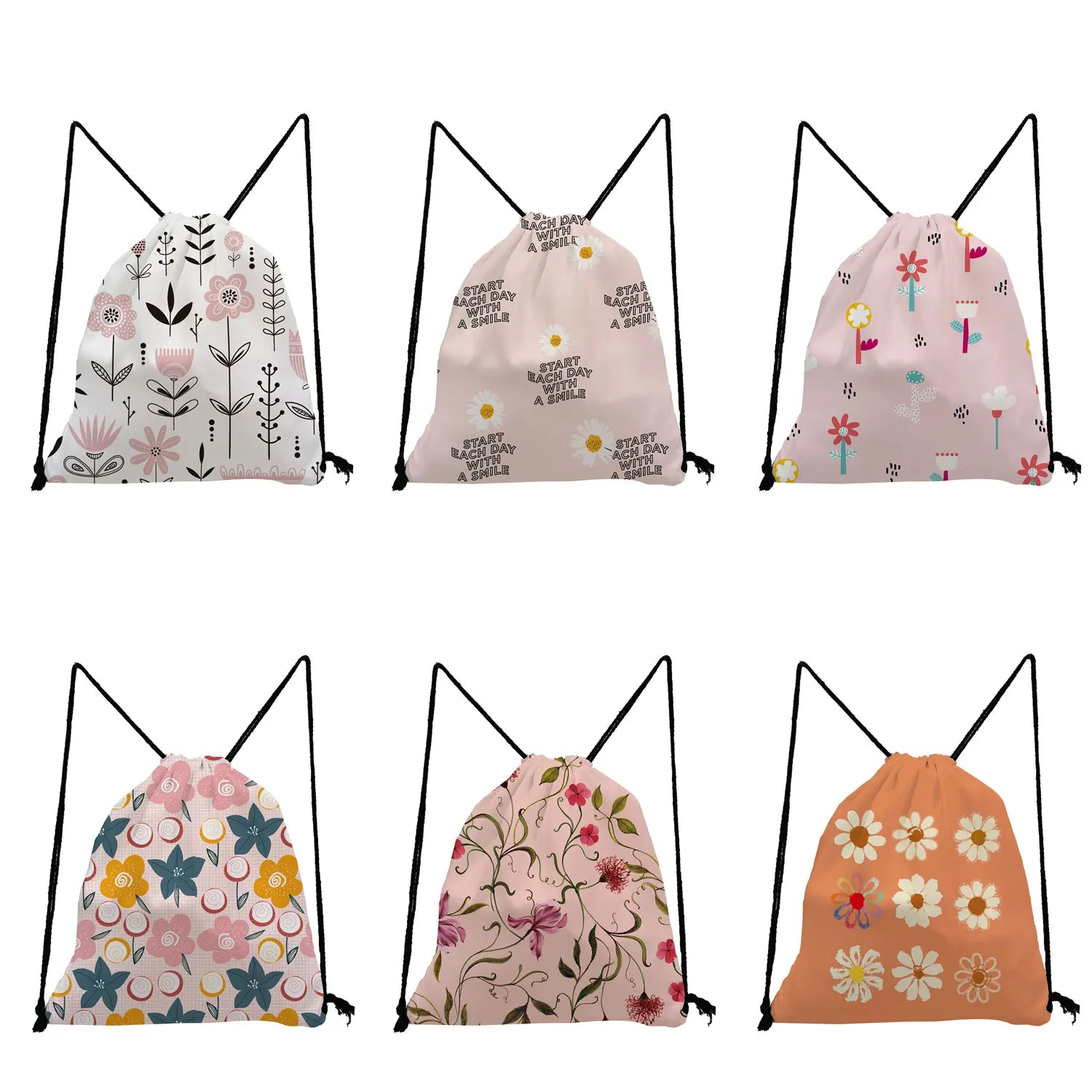 Flowers Printed Drawstring Backpack Child School Bags