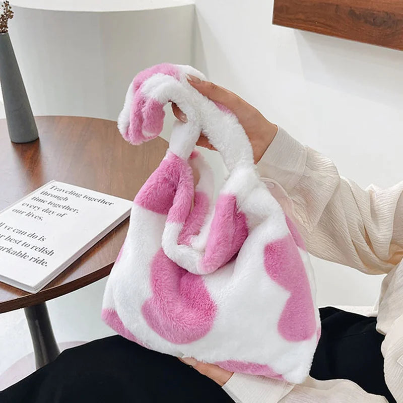 Plush Animal Printed Handbag for Women