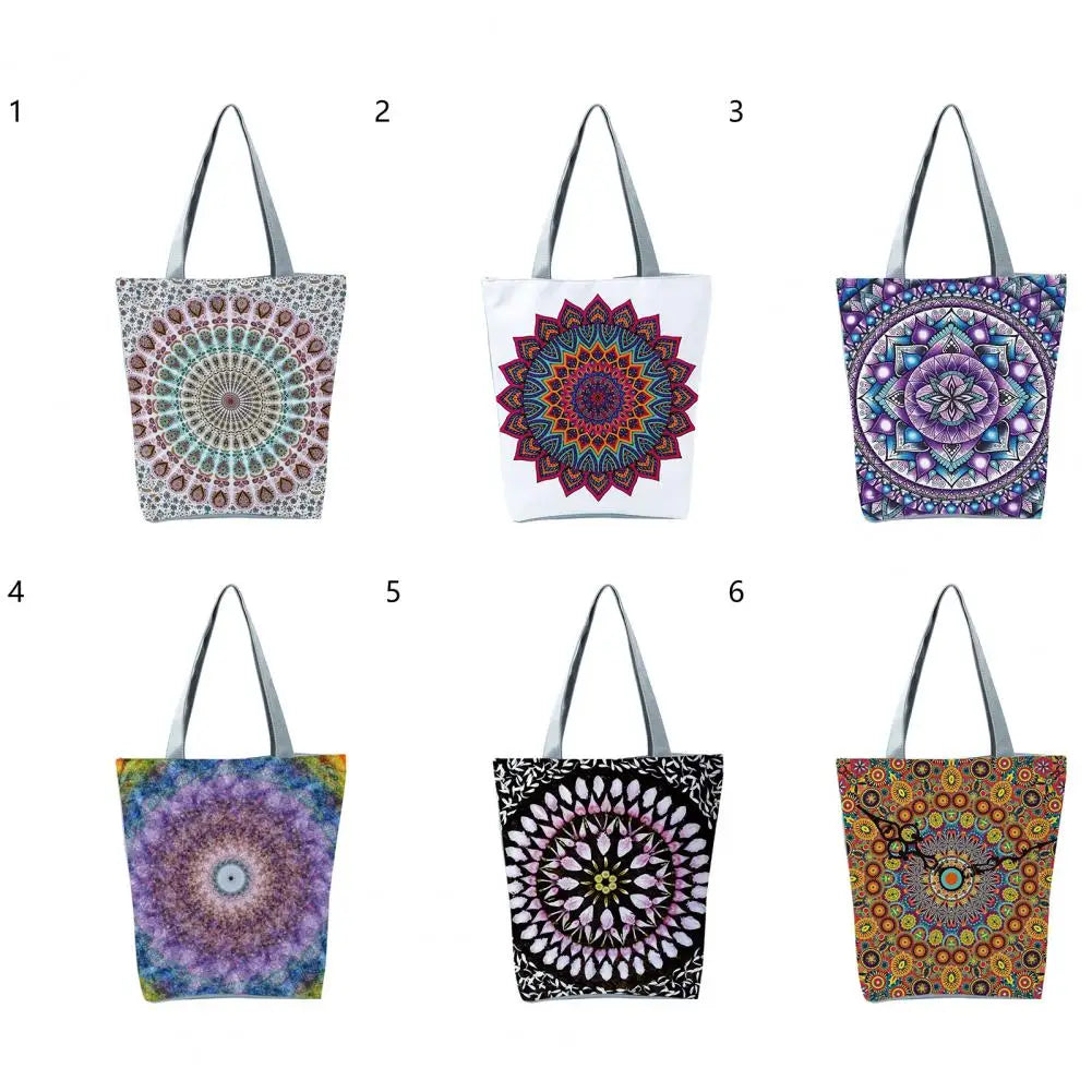 Boho Round Print Shoulder Bag Foldable Large Capacity Top-Handle Bag