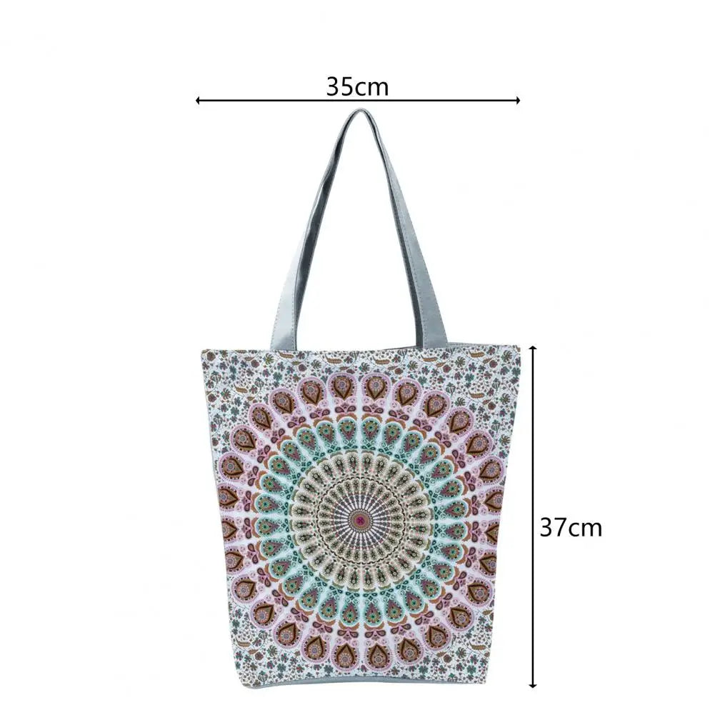 Boho Round Print Shoulder Bag Foldable Large Capacity Top-Handle Bag