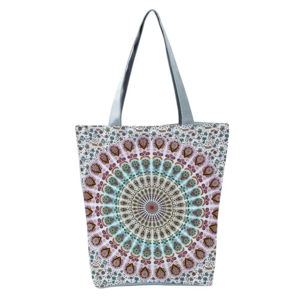 Boho Round Print Shoulder Bag Foldable Large Capacity Top-Handle Bag
