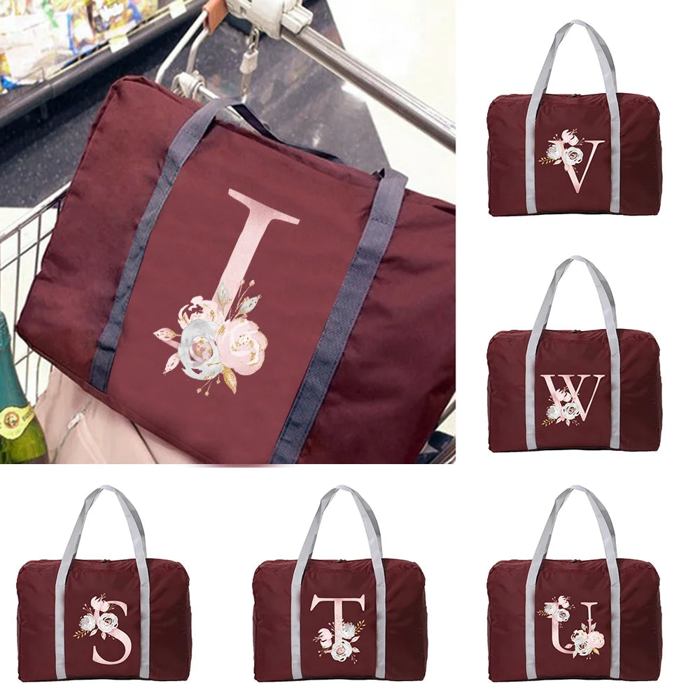 Large Capacity Pink Flower Letter Print Travel Bag Tote Carry on Luggage