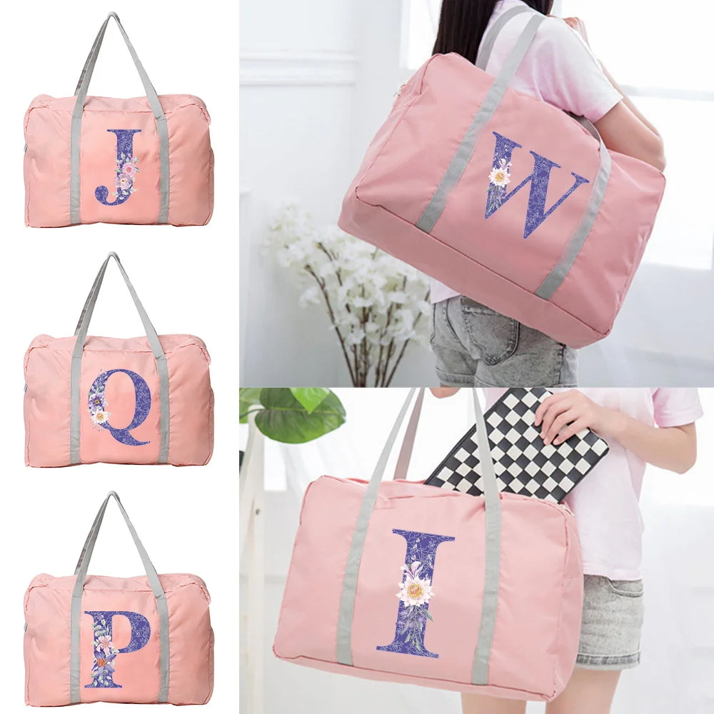 Foldable Travel Bag Water Proof Luggage Purple Flower Print Shoulder Pack